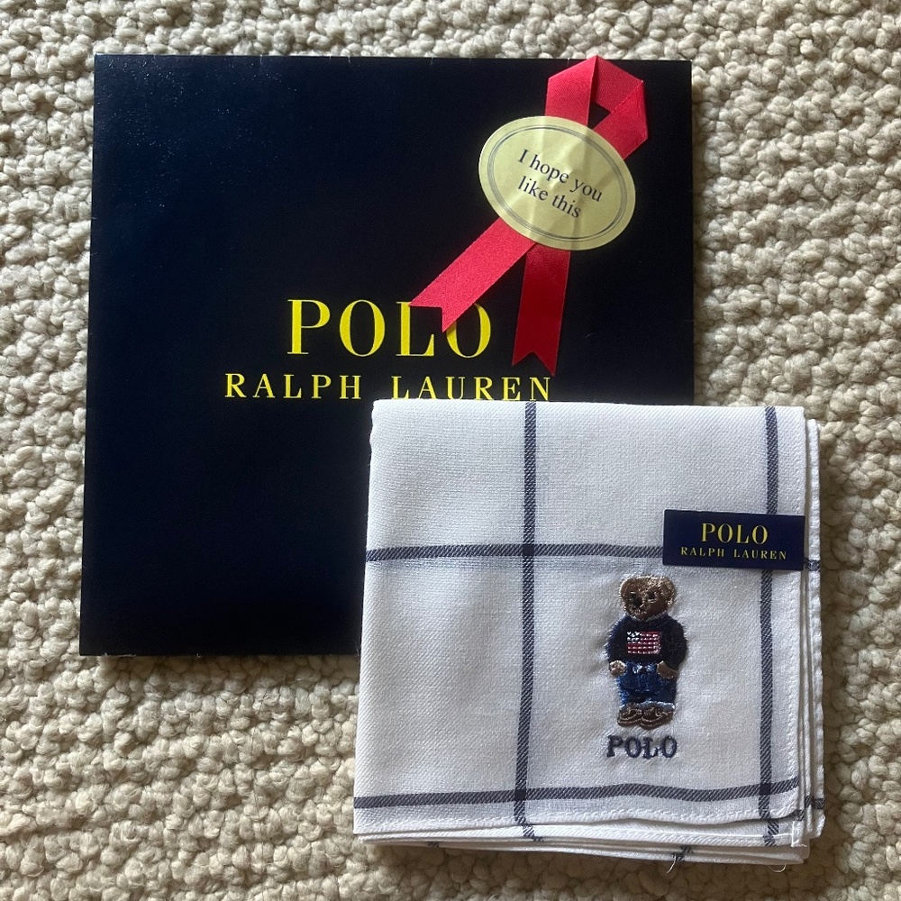 NEW Polo Ralph Lauren Bear Cotton Handkerchief Scarf Pocket Square White Plaid